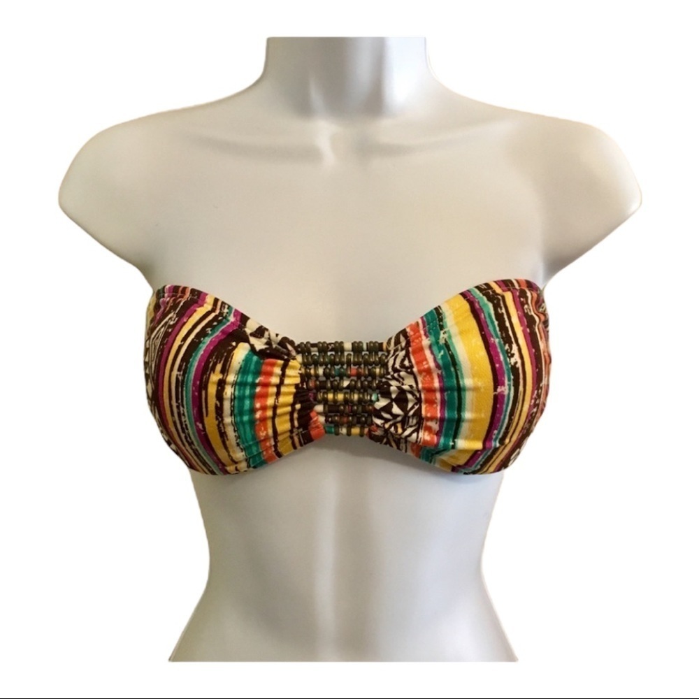 Hobie Tribal Bandeau Bikini Top M Multi-Color Aztec Beaded Strapless Tie Back